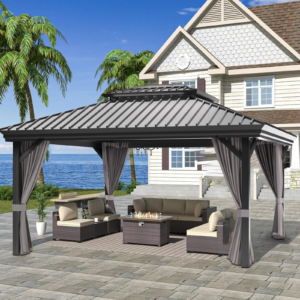Patioslife Hardtop Pergola Gazebo Grey 10 ft×12 ft Aluminum Frame Galvanized Steel Roof