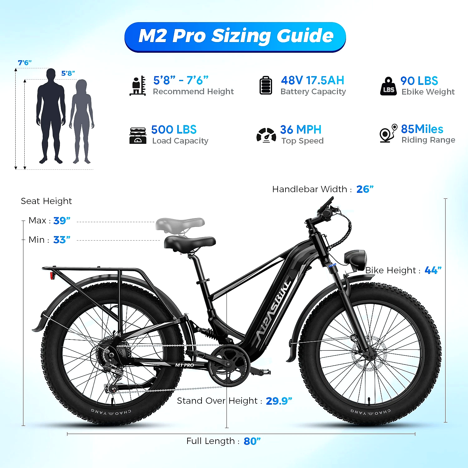 Aipas M2 Pro Electric Fat Tire Mountain Bike, 1800W Motor, 48V/17.5Ah, 36 MPH - Image 4