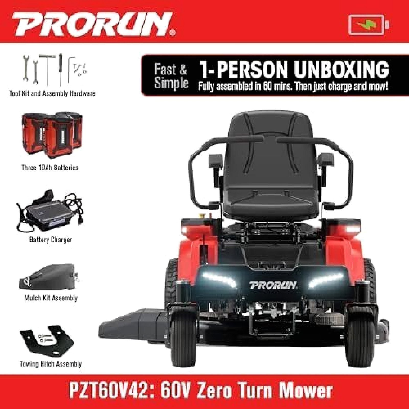PRORUN PZT60V42 60V 42-inch Brushless Electric Zero Turn Riding Lawn Mower - Image 7