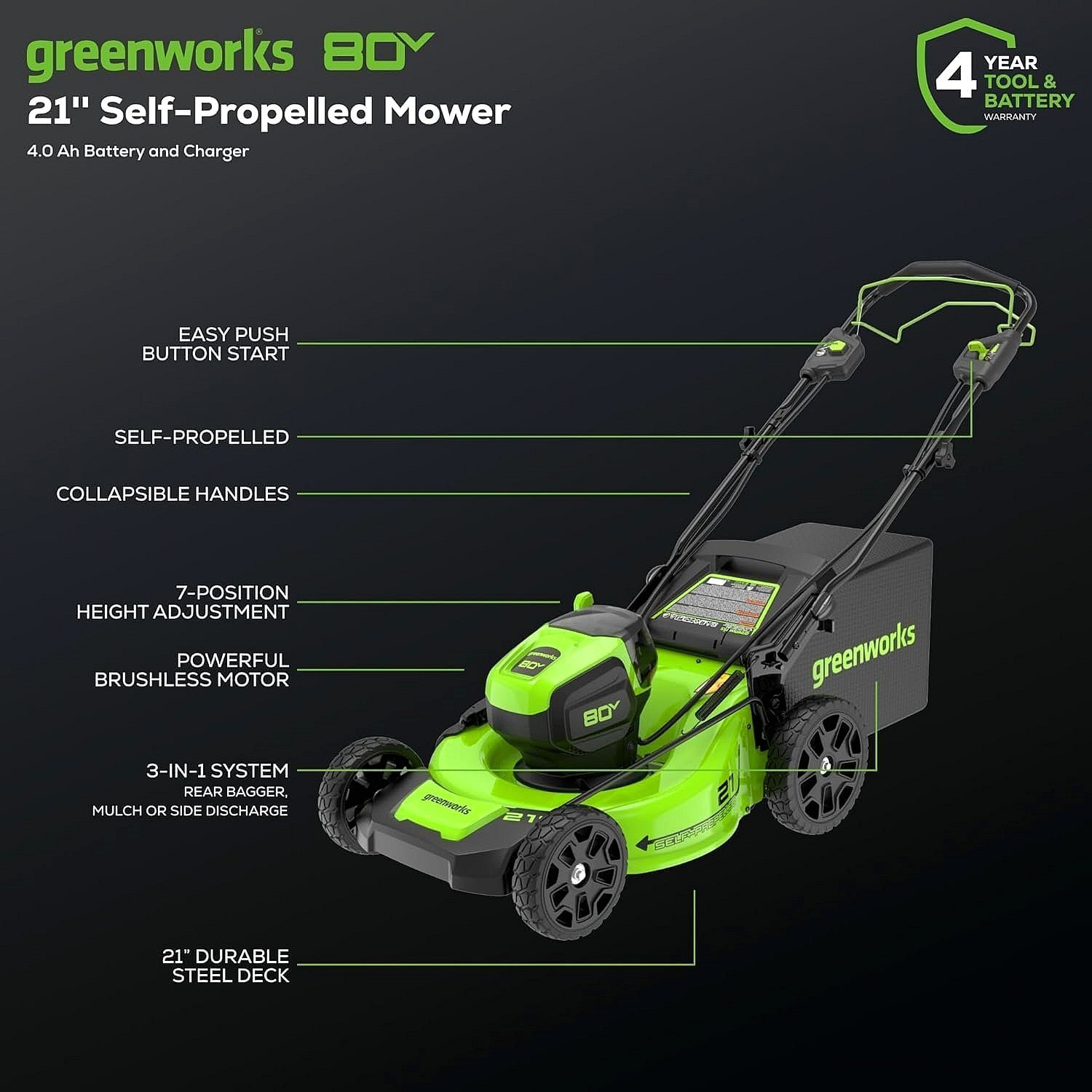 Greenworks 80V 21-Inch Cordless Self-Propelled Lawn Mower - Image 6