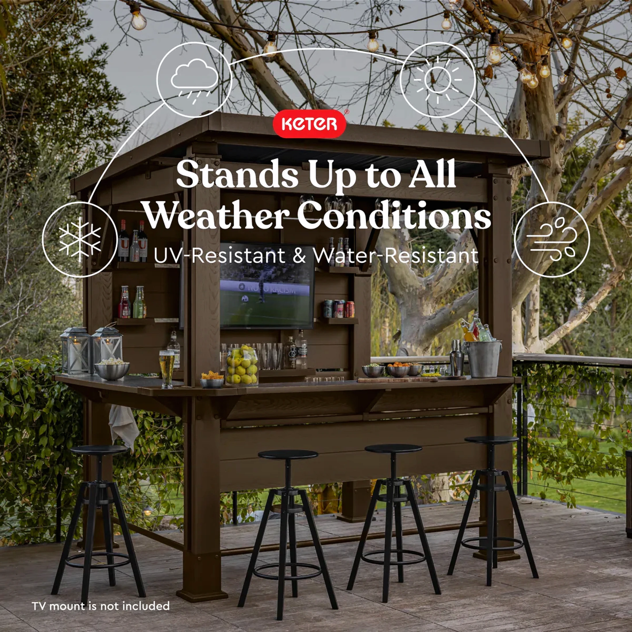 Keter Signature Collection 7.5 x 6.5 ft. Bar Gazebo with Shelves and TV Mount, Pine Brown - Image 4